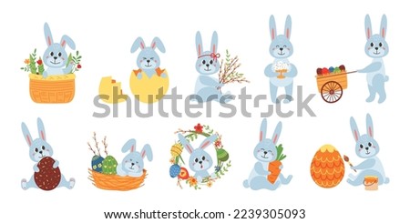 Cute easter baby bunny. Cartoon bunnies drawing, rabbit with egg and flowers. Holiday eggs hunt, kids festive spring or new year classy vector characters