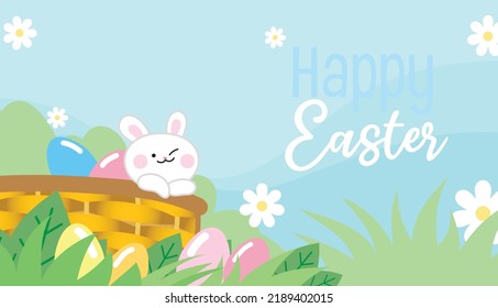 Cute easter baby bunny and eggs in a wicker basket in grass with flowers. Springtime banner for easter sales, egg hunt adorable cartoon drawing vector.