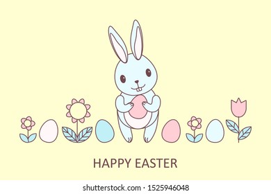 Cute Easter baby bunny, flowers and Easter eggs. Greeting card, vector illustration