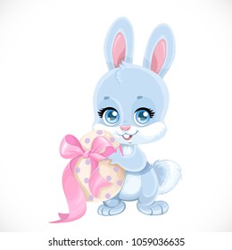Cute Easter baby Bunny hold egg isolated on a white background