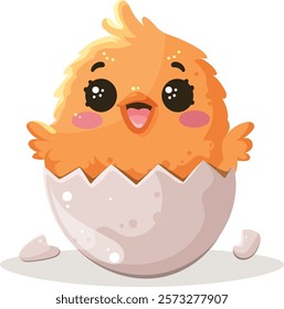 Cute easter baby chick in egg shell. Fluffy cartoon bird. Vector illustration for poster, banner, card, postcard.