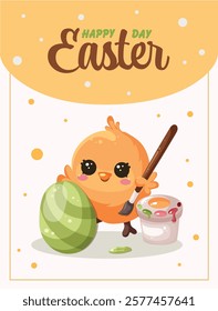 Cute easter baby chick with paint and a brush. The chick paints an Easter egg. Vector postcard