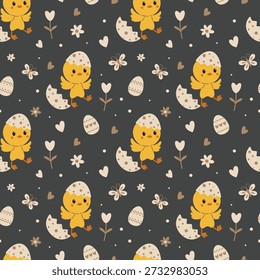 Cute Easter Baby Chick Seamless Pattern with Little Birds Cracked Eggs Flowers Hearts and Leaves on Dark Background Cozy Nursery Cartoon Repeating Design for Kids Fabric Wallpaper and Gift Wrap