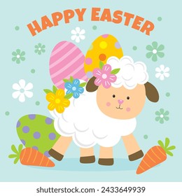 Cute Easter Baby Lamb with Egg and  Flowers