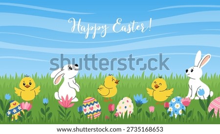 Cute Easter background with bunnies, chicks and Easter eggs on a flowery spring meadow. Vector Easter illustration for cards, invitations, and greetings. Easter cute background.