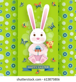 Cute Easter background with bunny and chicken. Vector illustration.