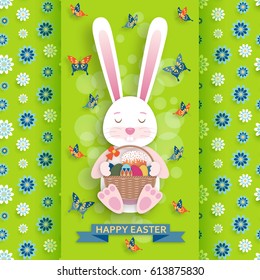 Cute Easter background with bunny and wicker. Vector illustration.
