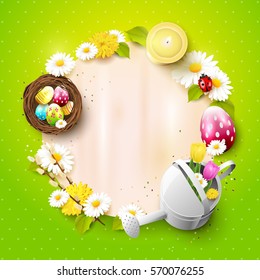 Cute Easter background with decorations and empty paper with place for your text