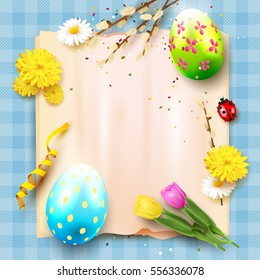 Cute Easter background with flowers, Easter eggs and empty paper on blue background