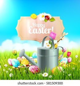 Cute Easter background with flowers, Easter eggs, ladybug and watering can in the grass