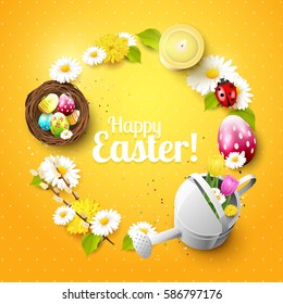 Cute Easter background with flowers, Easter eggs, ladybug and watering can on orange background