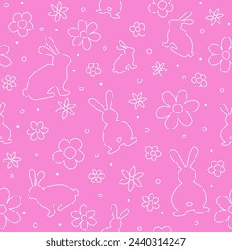 Cute Easter background in hand drawn style. Design of a seamless texture with rabbits and flowers. Vector illustration