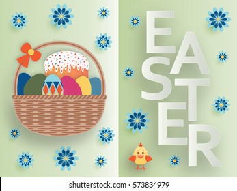 Cute Easter background in paper art style. Vector illustration.