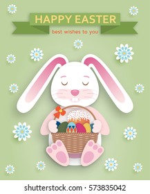 Cute Easter background in paper art style. Vector illustration.