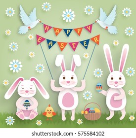 Cute Easter background in paper art style. Vector illustration.