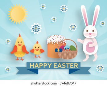 Cute Easter background in paper art style. Vector illustration.