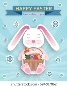 Cute Easter background in paper art style. Vector illustration.