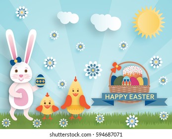Cute Easter background in paper art style. Vector illustration.