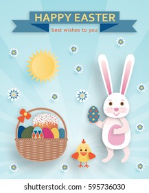 Cute Easter background in paper art style. Vector illustration.