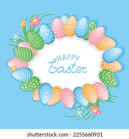 Cute Easter background in pastel colors with Easter eggs. Happy Easter. Vector illustration in cartoon style.