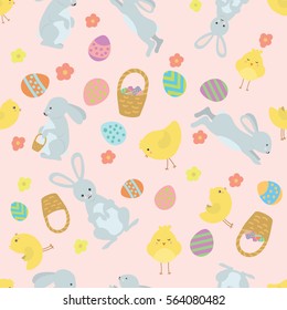 Cute Easter background with rabbits and chickens