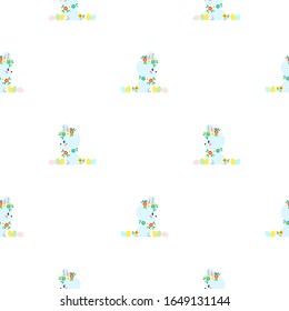 Cute easter background. Seamless pattern with little white rabbits and colorful eggs. Illustration in flat style. Vector 8 EPS.