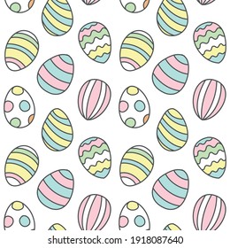 Cute easter background. Seamless pattern of colorful eggs. Illustration in flat style. Vector 10 EPS.