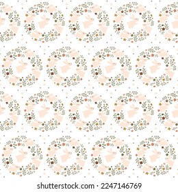 Cute Easter background in soft pastel color. Bunny floral wreath seamless pattern for nursery, wallpaper, children cloth, kids textile, baby fabric. Holiday season spring backdrop, gift wrapping paper