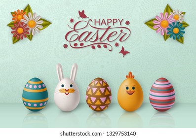 Cute Easter background with white bunny, chicken, eggs and flowers. Colorful vector illustration.