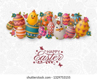 Cute Easter background with white bunny, chicken, eggs and flowers. Colorful vector illustration.