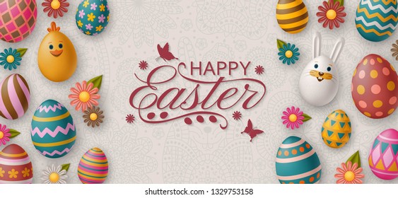 Cute Easter background with white bunny, chicken, eggs and flowers. Colorful vector illustration.