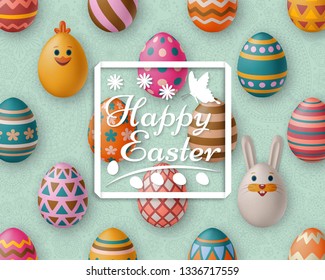 Cute Easter background with white bunny, chicken, eggs and flowers. Colorful vector illustration.