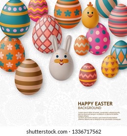 Cute Easter background with white bunny, chicken, eggs and flowers. Colorful vector illustration.