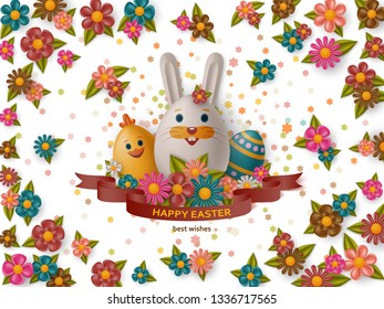 Cute Easter background with white bunny, chicken, eggs and flowers. Colorful vector illustration.