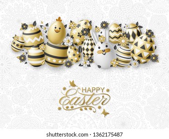 Cute Easter background with white bunny, chicken, eggs and flowers. Golden vector illustration.