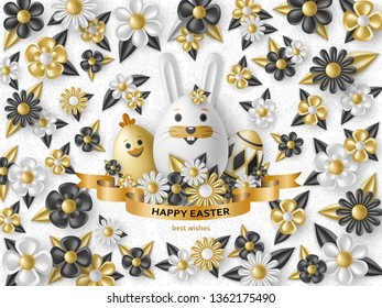 Cute Easter background with white bunny, chicken, eggs and flowers. Golden vector illustration.