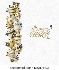 Cute Easter background with white bunny, chicken, eggs and flowers. Golden vector illustration.
