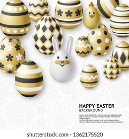 Cute Easter background with white bunny, chicken, eggs and flowers. Golden vector illustration.