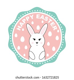 Cute Easter banner with Easter bunny and eggs. Easter label. Round Easter sticker. 