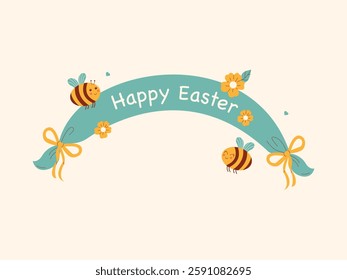 A cute Easter banner with the text “Happy Easter,” decorated with bees, flowers, and bows on a light background. Perfect for greeting cards, holiday designs, and digital projects.

