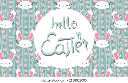 Cute Easter banner with a welcome inscription. Background with blue pattern with cute white easter bunnies. Used for printing on paper, fabric, packaging, wallpaper. Eps10.