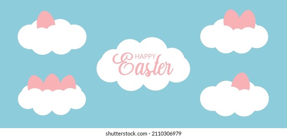Cute easter banner with white clouds and easter eggs. Easter eggs on the clouds in a flat cartoon style. Vector illustration good for greeting card, advertising background, social media elements. Text
