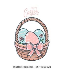 Cute easter basket with bow and easter eggs and hand lettering happy easter. flat vector isolated illustration on white background