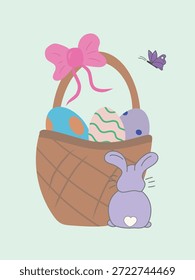 Cute Easter basket with bunny and painted eggs, pastel nursery illustration