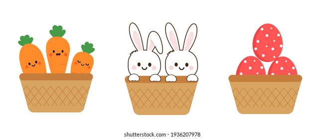 Cute Easter basket with carrots, rabbits and eggs icon sign isolated on white background vector illustration. Easter day.