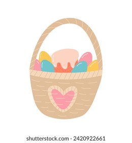 Cute Easter basket with colorful eggs and Easter cakes flat vector