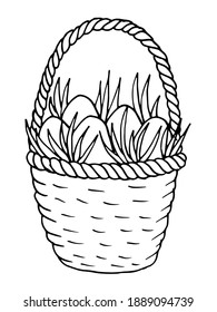 Cute Easter basket with eggs and herbs. Hand drawn doodle easter greeting cards with wicker basket, spring herbs and eggs. Vector clip art design for holiday decor, invitations, stickers, textile.