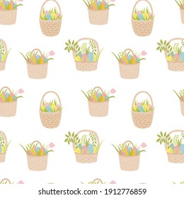 Cute Easter basket with eggs seamless pattern. Hand drawn vector seamless pattern. Easter holiday decor. Wicker basket, coloured eggs, plants, tulips. Wrapping paper, holiday decor, home textile.