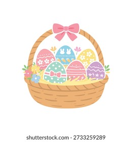 Cute Easter Basket Filled with Colorful Decorated Eggs – Pastel Spring Illustration