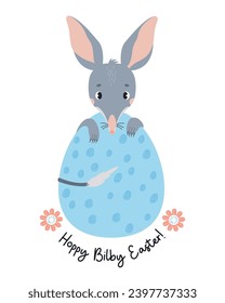 Cute Easter bilby with big egg. Australian animal is wild mammal. Easter cool greeting card. Vector illustration in flat cartoon style